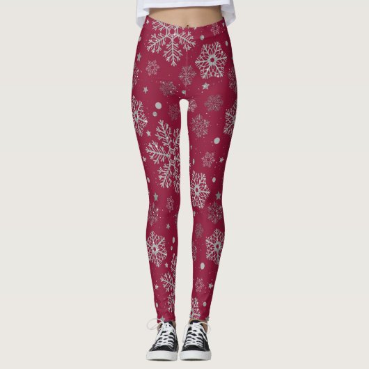 Leggings Flammes de neige en argent sur rouge foncé (Devant)