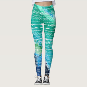 Leggings Flèches bleues vertes Aztec Aquarelle géométrique