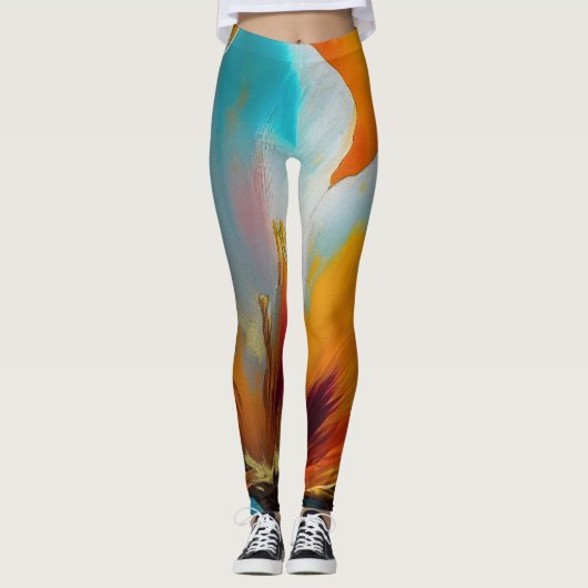 Leggings Fleur abstraite en orange et sarcelle (Devant)