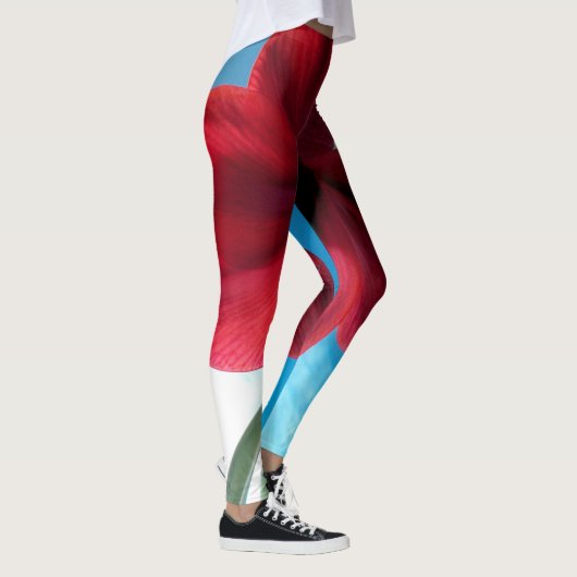 Leggings Fleur Amaryllis rouge vif, arrière - plan bleu WOW (Droite)