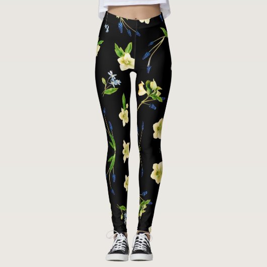 Leggings Fleur blanche et bourgeons bleus motif floral (Devant)