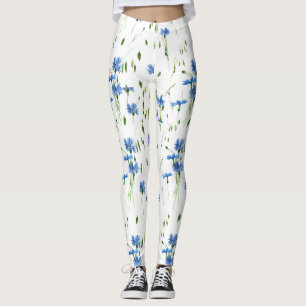Leggings Fleur bleue et vert feuille design transparent