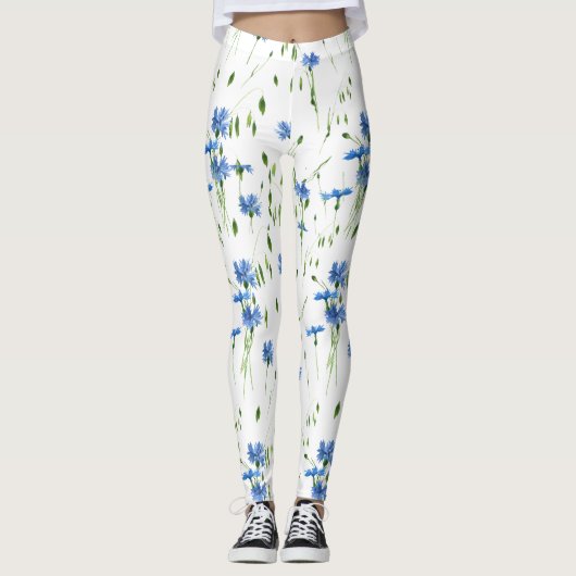 Leggings Fleur bleue et vert feuille design transparent (Devant)