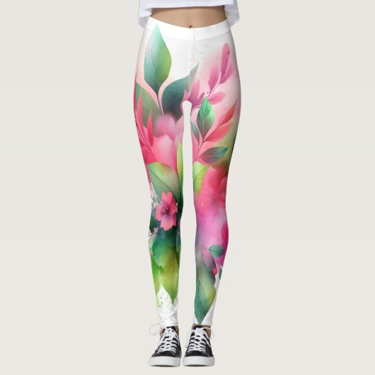 Leggings Fleur botanique aquarelle rose vert (Devant)