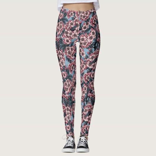 Leggings Fleur de cerisier rose et bleu (Devant)