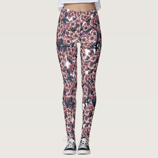 Leggings Fleur de cerisier rose et bleu (Devant)