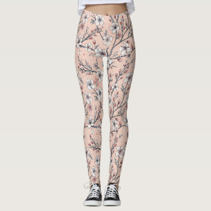 Leggings Fleur de cerisier rose motif Sakura sur fond rose