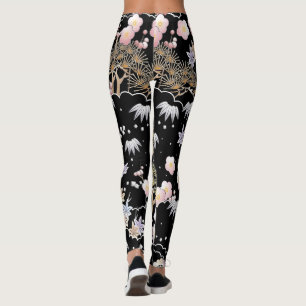 Leggings Fleur de cerisier rose noir Élégant motif floral