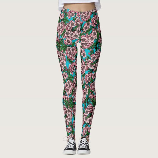 Leggings Fleur de cerisier sur bleu (Devant)