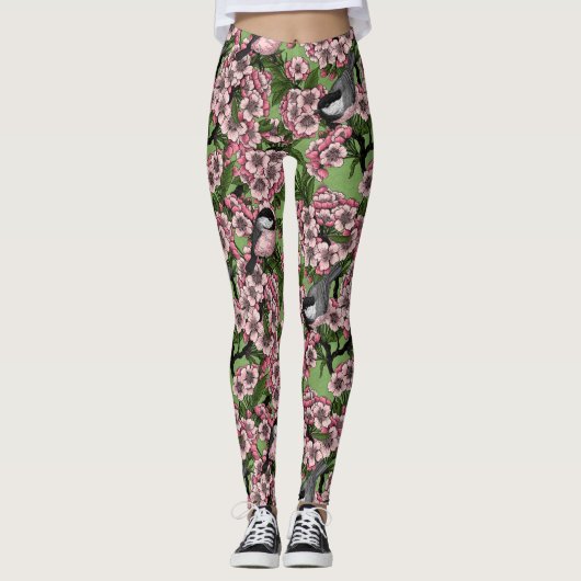 Leggings Fleur de cerisiers et poulets verts (Devant)