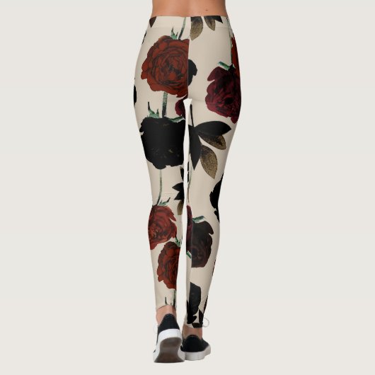 Leggings Fleur de Floraison foncée rouge et beige noir bota (Dos)
