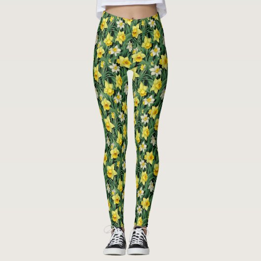 Leggings Fleur de jonquille jaune et blanc sans couture (Devant)