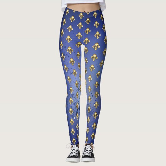 Leggings Fleur de lis dorée sur fond bleu (Devant)