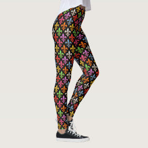 Leggings Fleur-de-lis Fleurs Noires Audacieuses Colorées