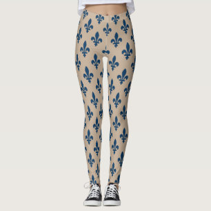 Leggings Fleur de Lis Motif, Royal French Blue sur Crème