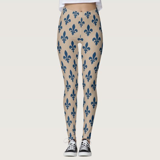 Leggings Fleur de Lis Motif, Royal French Blue sur Crème (Devant)