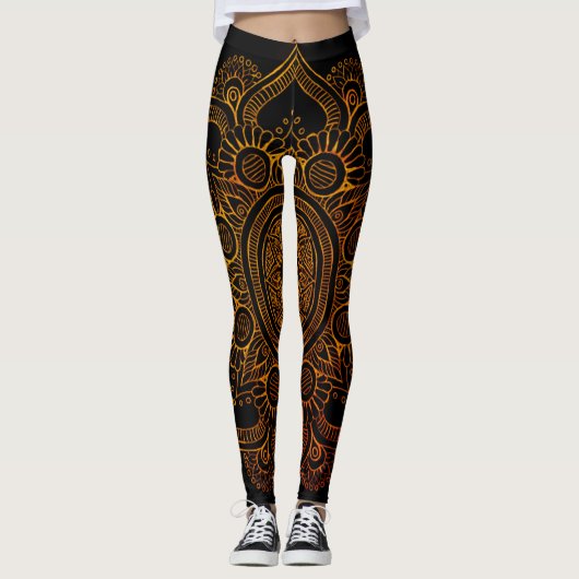 Leggings Fleur de mandala - noir et or (Devant)
