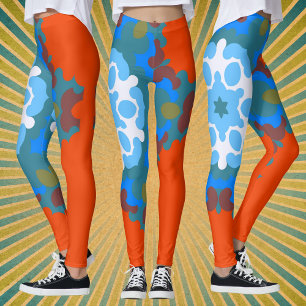 Leggings Fleur de Mandala rétro orange blanc et bleu