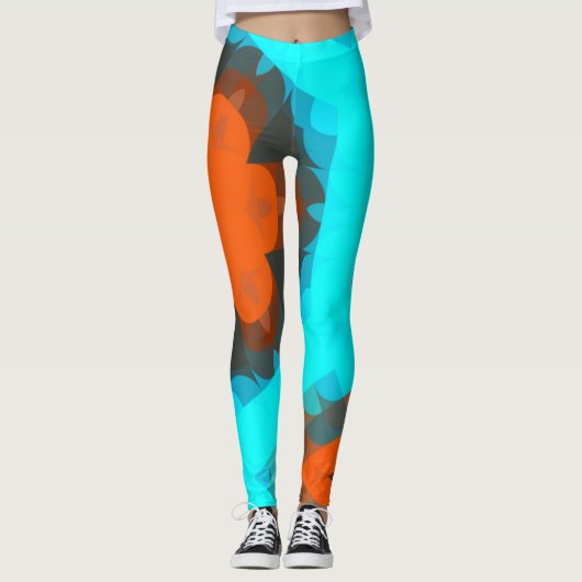 Leggings Fleur de Mandala rétro orange et bleu (Devant)