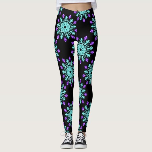 Leggings Fleur de néon pourpre et turquose (Devant)