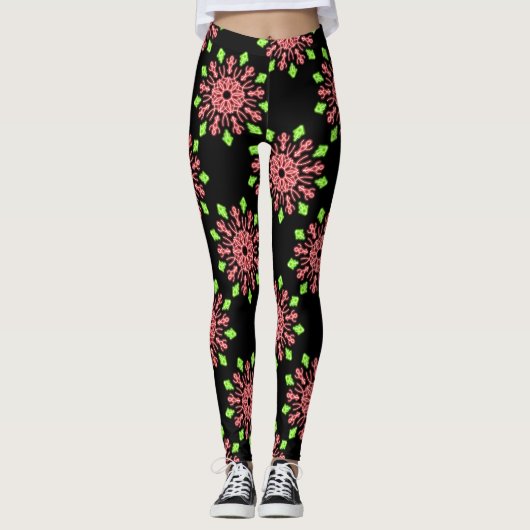 Leggings Fleur de néon rouge et vert (Devant)