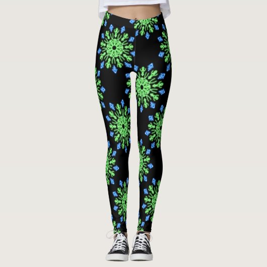 Leggings Fleur de néon vert et bleu (Devant)