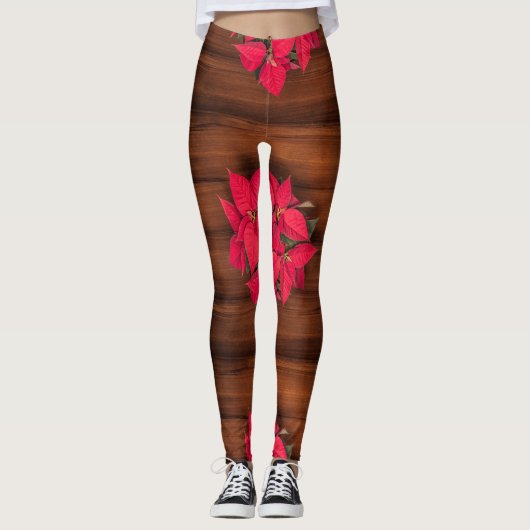 Leggings Fleur de Noël rouge sur fond marron (Devant)