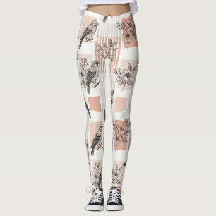 Leggings Fleur de oiseau vintage Toile rayée (11)