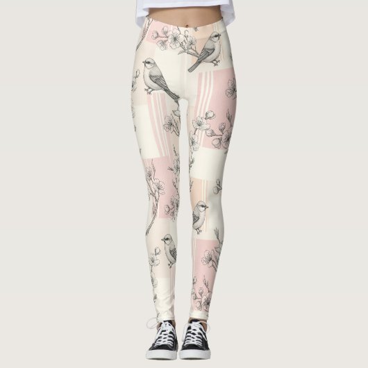 Leggings Fleur de oiseau vintage Toile rayée (2) (Devant)
