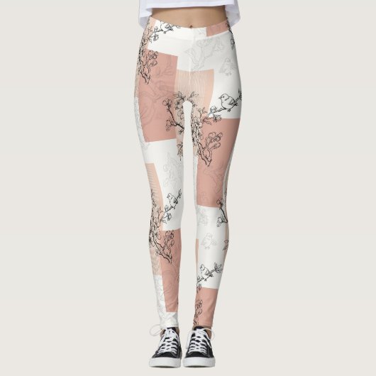 Leggings Fleur de oiseau vintage Toile rayée (6) (Devant)