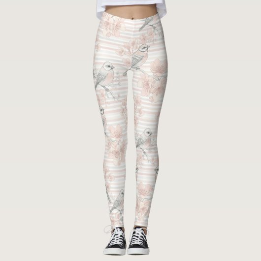 Leggings Fleur de oiseau vintage Toile rayée (7) (Devant)