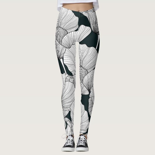 Leggings Fleur de pavot, ligne blanche noire. (Devant)