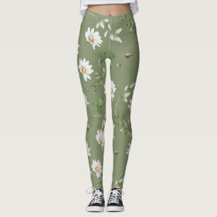 Leggings Fleur de pétale blanche sur arrière - plan vert ol