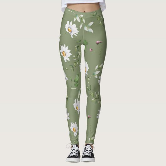 Leggings Fleur de pétale blanche sur arrière - plan vert ol (Devant)