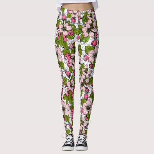 Leggings Fleur de pomme sur blanc (Devant)