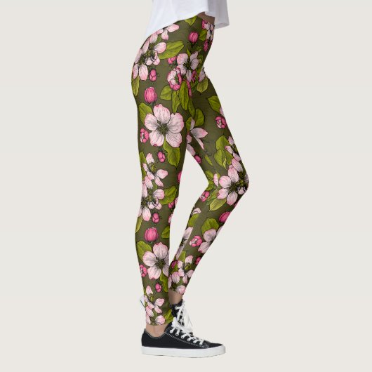 Leggings Fleur de pomme sur vert foncé (Droite)