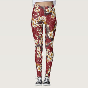 Leggings Fleur de prunier japonaise Corail Crème Bourgogne
