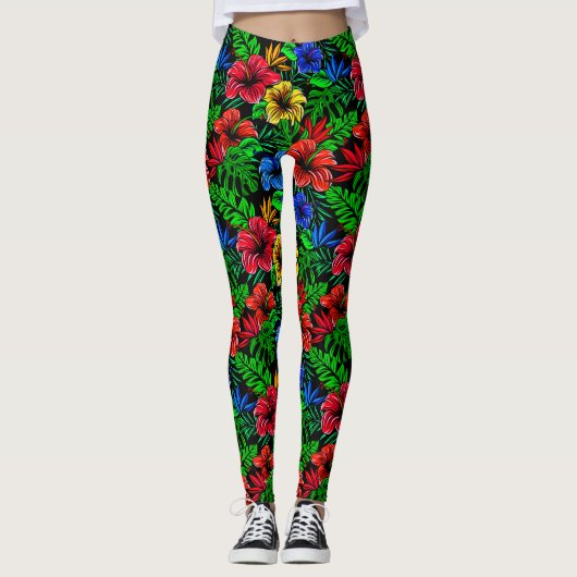 Leggings Fleur d'Hibiscus bleu rouge tropical (Devant)