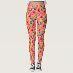 Leggings Fleur d'Hibiscus orange et rose avec feuilles vert