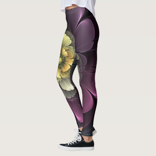 Leggings Fleur fractale grise et pourpre moderne abstraite (Gauche)