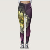 Leggings Fleur fractale grise et pourpre moderne abstraite (Devant)