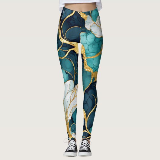 Leggings Fleur Japonaise Bleu Sarcelle Or (Devant)