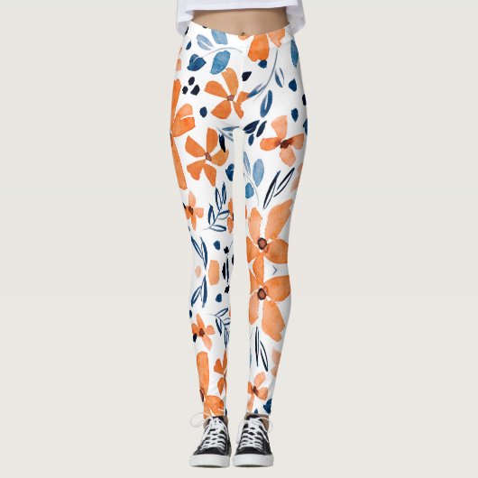 Leggings Fleur orange et bleu feuille motif (Devant)