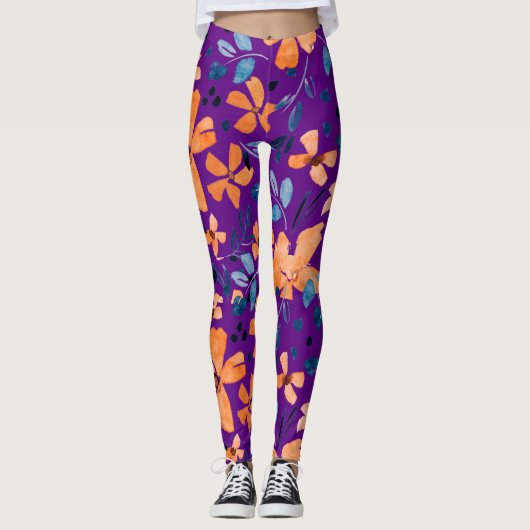 Leggings Fleur orange et feuilles bleus transparents (Devant)