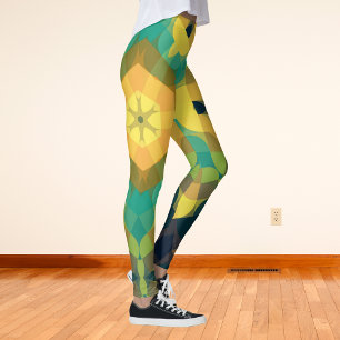 Leggings Fleur rétro Mandala jaune bleu et vert
