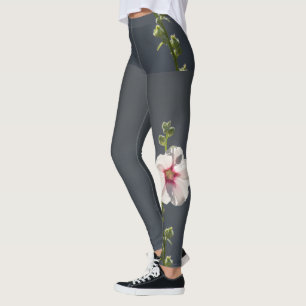 Leggings Fleur rose feuilles vert pâle sur gris foncé