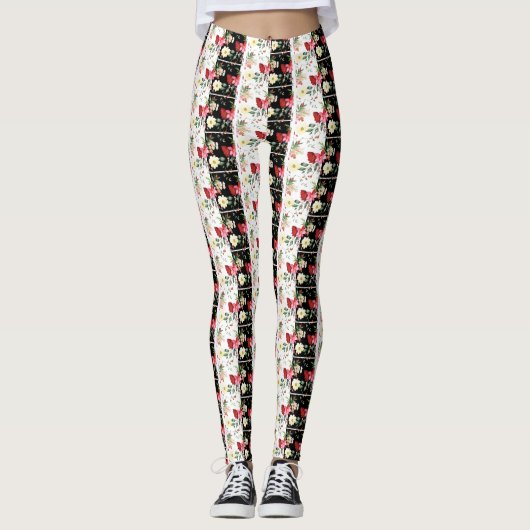 Leggings Fleur rose noir & blanc Gratté (Devant)