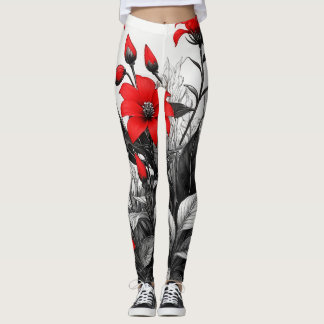 Leggings Fleur rouge sur Plante noir blanc