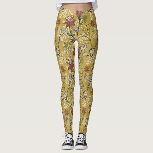 Leggings Fleur sauvage fleurie jaune et rouge motif  (Devant)