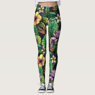 Leggings Fleur Tropical Etché Motif Jaune rose Noir